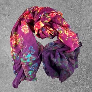 J. Jill Purple Floral 100% Wool Scarf Lightweight Wrap Eyelash Fringe Colorful